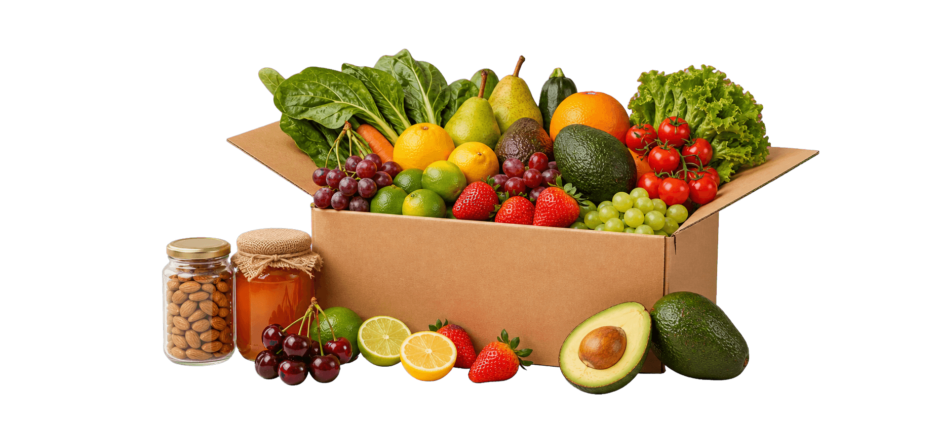Caja Fruter con paltas, cerezas, frutillas, limones y frutos secos