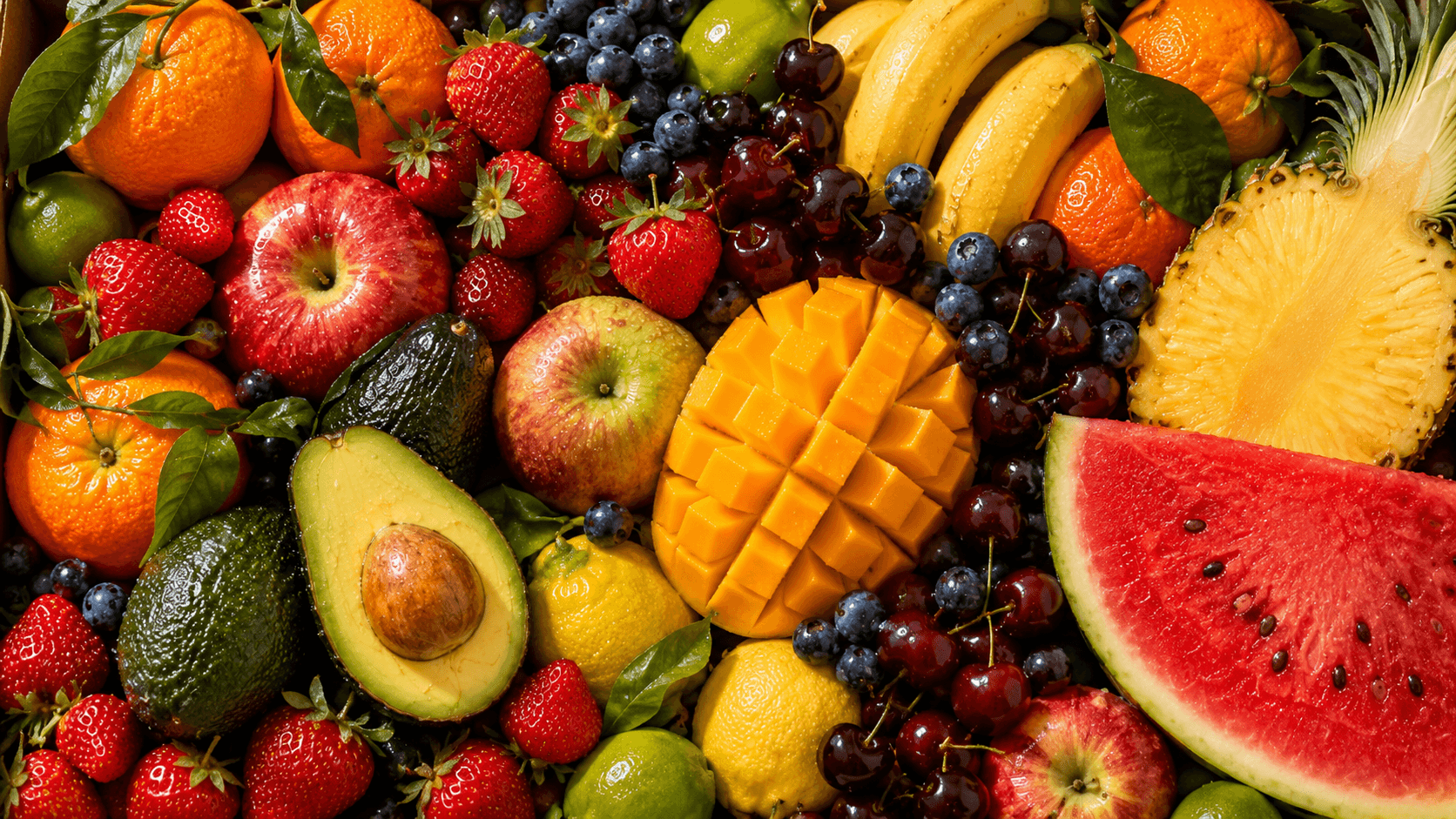 Selección de frutas frescas Fruter con naranjas, frutillas, paltas, mango, piña y sandía